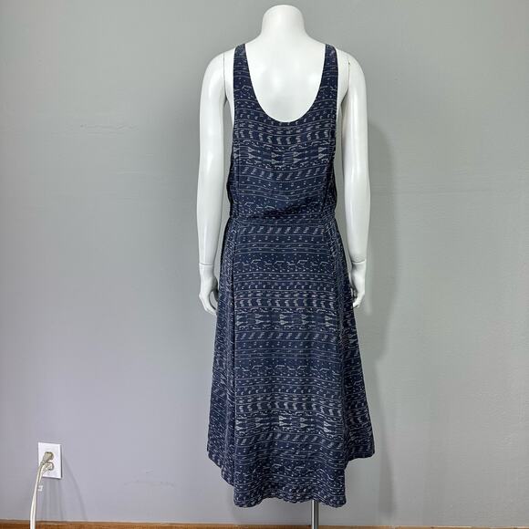 NSF Washed Silk Midi Dress Sz S Navy Blue Boho Printed Pockets Hi Low Scoop Neck - Picture 10 of 11